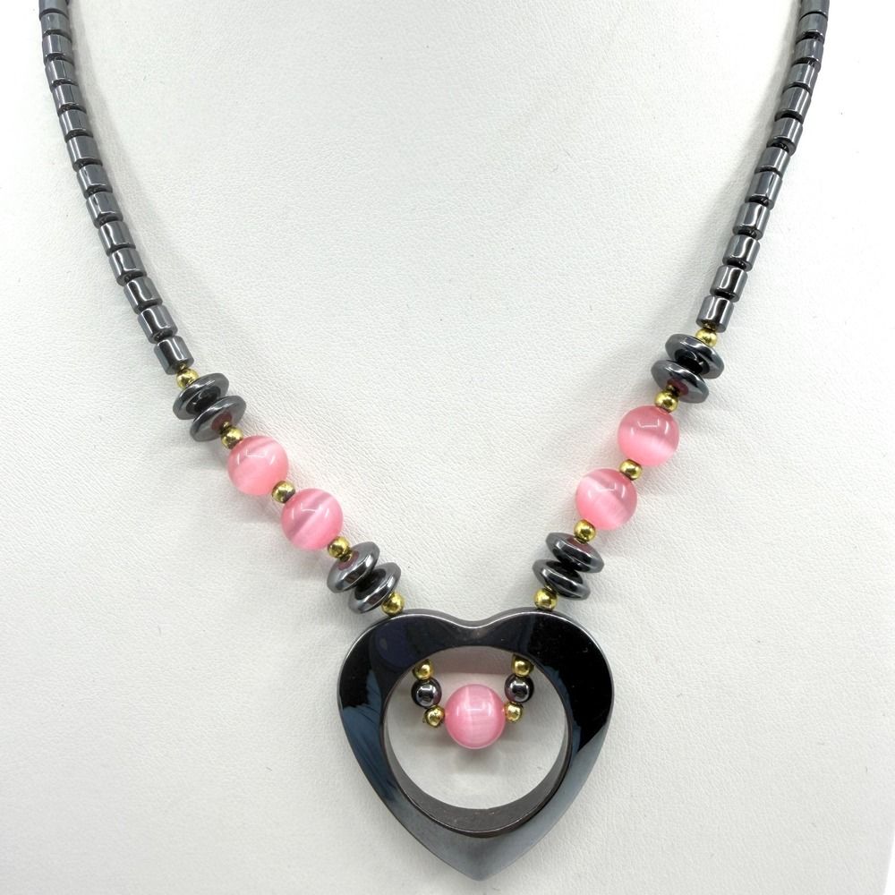 Hematite Heart Necklace Pink Cat Eye Beads Y2K Boho Statement Layering Jewelry